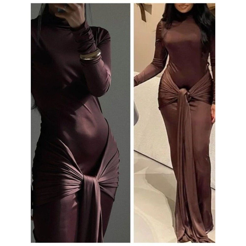 Helsa Studio Brown Slinky Jersey Sarong Long Sleeve Maxi Dress size XS
